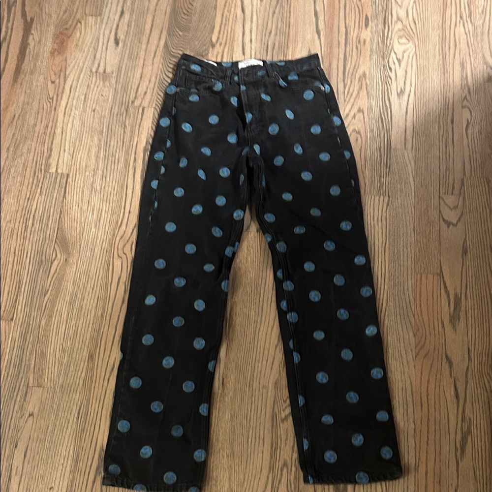 Reformation Black and Blue Polka Dot High Rise Jeans